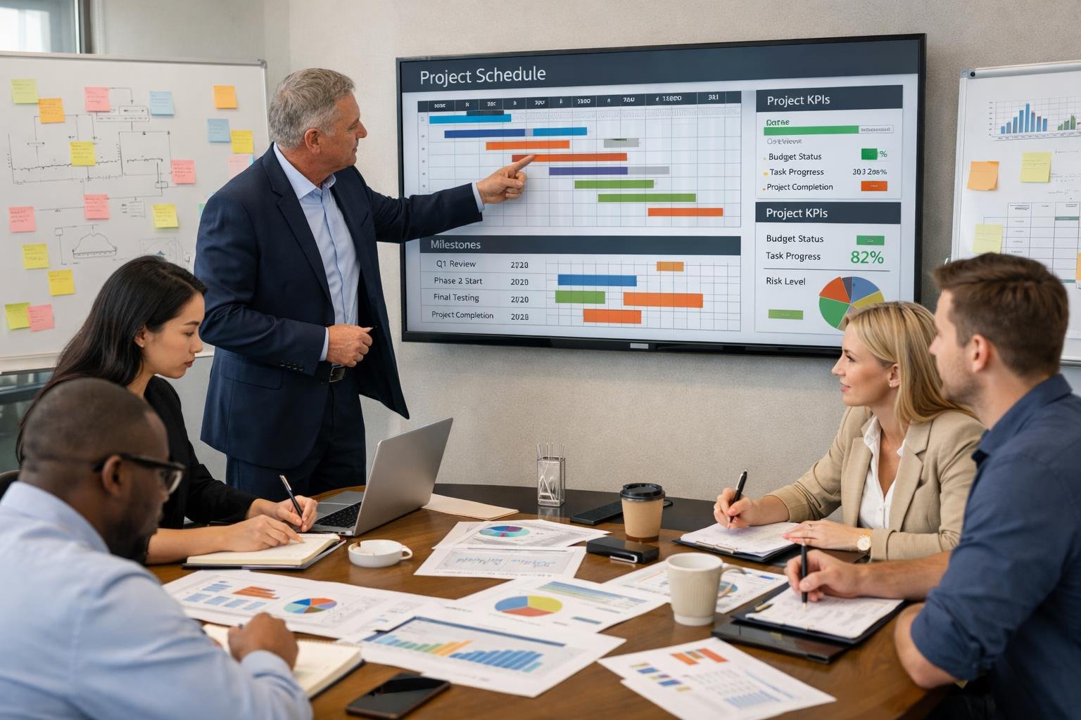 A group of business professionals discussing project plans around a table with charts and digital screens showing timelines and data.