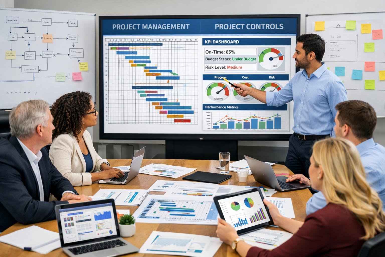 A group of business professionals collaborating around a conference table with laptops and charts, discussing project plans and controls.
