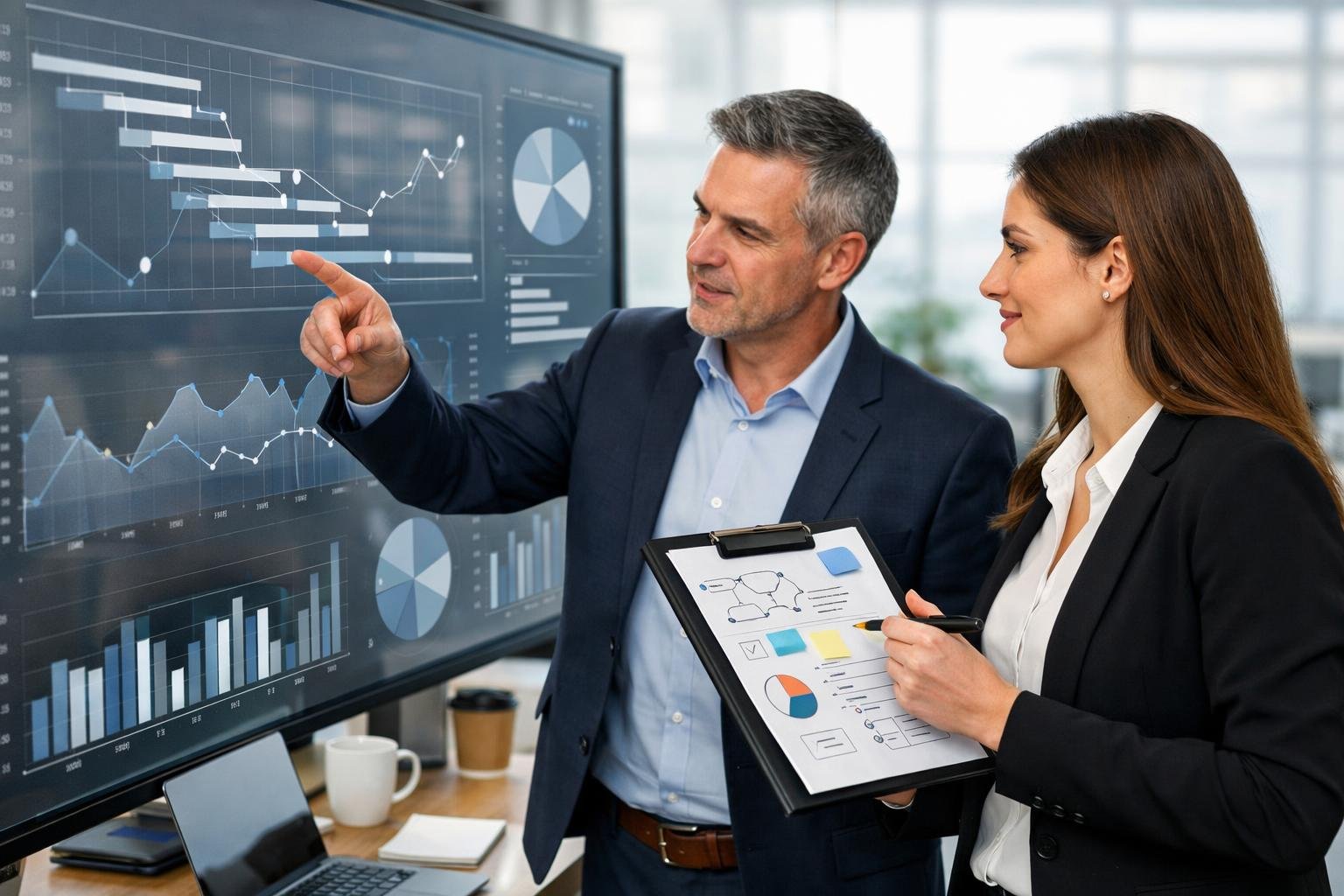 Two business professionals discussing project plans in a modern office with charts and documents visible on a screen and tablet.
