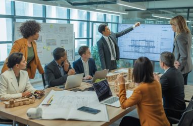 A group of professionals collaborating around a conference table with digital screens and blueprints, discussing infrastructure project plans.