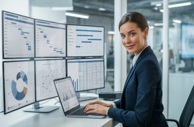 A businesswoman working on a laptop surrounded by digital screens showing project charts and data in a modern office.