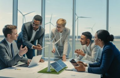 A diverse group of professionals collaborating around a table with renewable energy models and blueprints, with wind turbines visible outside the window.