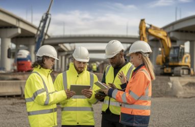 A group of construction workers wearing safety gear using technology on a UK infrastructure project site with machinery and structures in the background.