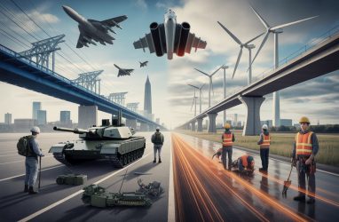 Split scene showing military equipment and soldiers on one side and infrastructure elements with workers on the other side, highlighting competing demands in the UK.