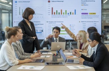A group of business professionals in a modern office discussing salary data and charts related to project controls, cost management, and planning roles.