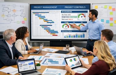 A group of business professionals collaborating around a conference table with laptops and charts, discussing project plans and controls.