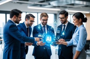 A group of diverse professionals collaborate around a digital interface, using AI to enhance project controls and commercial management