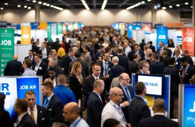 A crowded job fair with multiple booths and people engaged in conversation. Bright lights and colorful banners create a competitive atmosphere