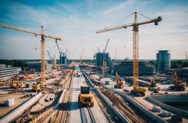 A bustling construction site with cranes, bulldozers, and workers building roads, bridges, and buildings for the planned UK infrastructure spending in 2025
