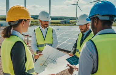 A group of project managers discussing plans at a construction site with wind turbines and solar panels in the background.