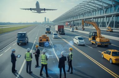 Engineers and construction professionals working together at a modern infrastructure site with a runway and roadway in the background.