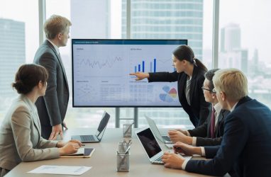 A group of professionals collaborating in a modern office, discussing charts and data on a large screen during a meeting, discussing QSRA and QCRA