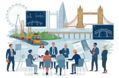 A group of recruiters and candidates discussing infrastructure projects around a table with blueprints and digital devices, set against a backdrop of UK landmarks and construction sites.