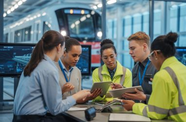 A diverse group of young rail professionals collaborating in a modern control centre with rail network screens and a train visible outside.